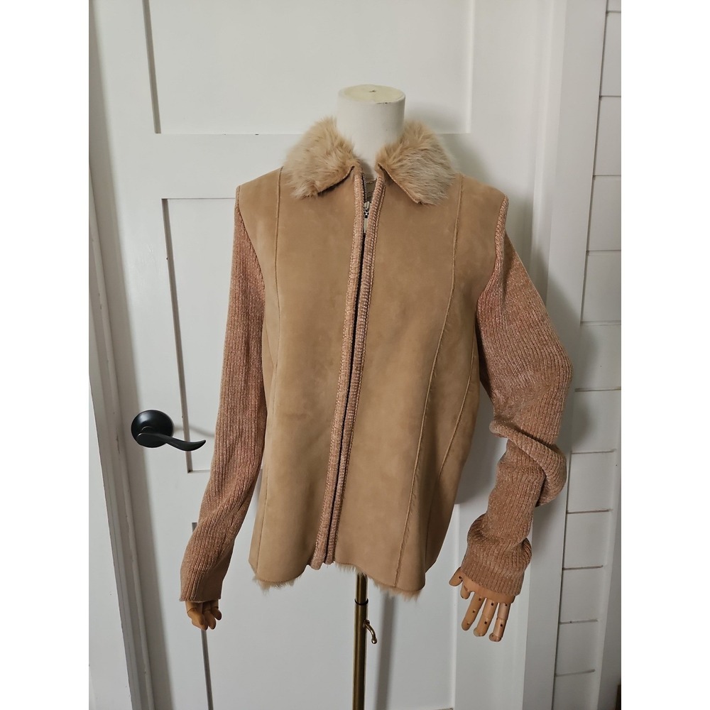 Lisa‎ International Faux Suede Jacket Medium Fur Trim Knit Sleeve 90s Vintage